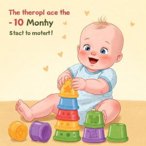 A set of colorful wooden blocks and houses suitable for 10-month-old infants, featuring letters and playful illustrations.