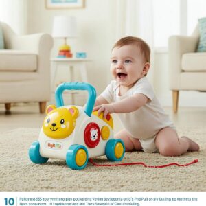  A 10-month-old baby reading and exploring colorful soft fabric books while sitting on the carpet.