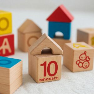 An illustrated 10-month-old baby stacking colorful cups while smiling on the floor.