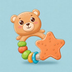 A cute bear-shaped baby rattle and teether with colorful rings, ideal for teething relief and hand coordination in 6-month-old infants. 