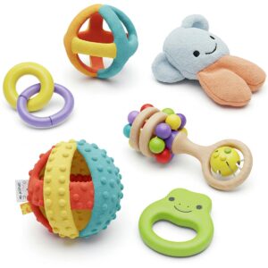 Close-up illustration of sensory toys ideal for a 10 month old, featuring textures and sounds.