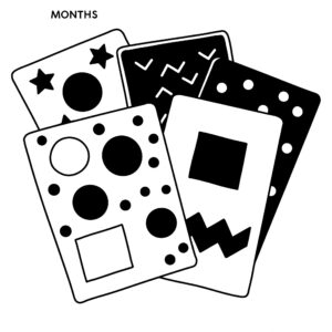 High-contrast black and white flashcards designed for newborns and infants to stimulate early visual development. 
