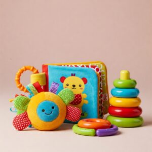 A collection of soft baby books, a plush sun toy, and a colorful ring stacker to support learning and sensory exploration in 6-month-old infants. 