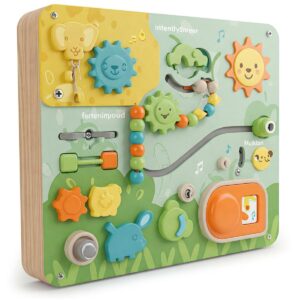 An interactive activity board designed as a learning toy for a 10-month-old, featuring various textures, sounds, and activities to encourage exploration.