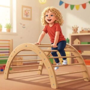  Illustration of a 3-year-old playfully using a Montessori climbing arch, promoting gross motor skills.