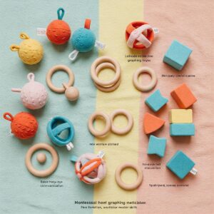Illustration showcasing various Montessori grasping toys designed for a 6-month-old's developing fine motor skills.