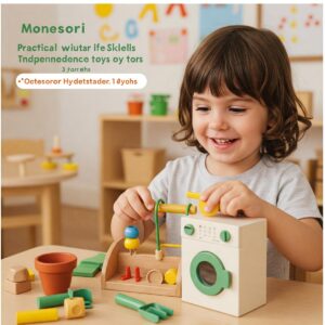 Illustration highlighting a Montessori practical life skills toy, helping 3-year-olds develop independence.