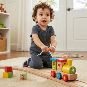  Line art illustration of a wooden Montessori pull toy, encouraging movement and gross motor skills in a one-year-old.
