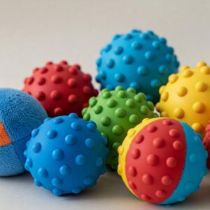 Colorful textured sensory balls, ideal Montessori toys for 6-month-olds to explore different tactile experiences.