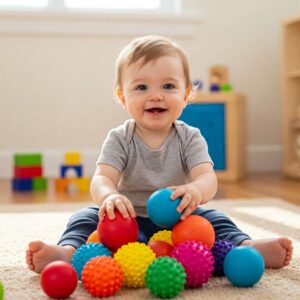 Collection of textured Montessori sensory balls suitable for stimulating the tactile senses of a one-year-old infant.