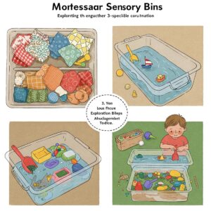 Illustration depicting various Montessori sensory bins designed for engaging 3-year-old toddlers.