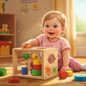 Animated illustration showing a one-year-old learning shapes with a Montessori shape sorter toy.