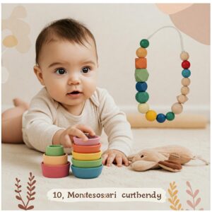 Montessori-inspired toys illustrated for a 10-month-old, encouraging independent exploration and learning.