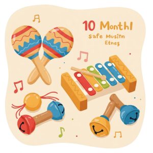 Depiction of small, safe musical instruments suitable as learning toys for a 10-month-old, stimulating their auditory senses and encouraging rhythm.