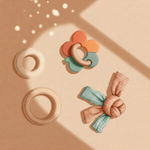 Illustration featuring natural and organic teethers, common Montessori-inspired toys for soothing a 6-month-old baby.