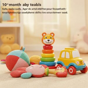 Depiction of safe and age-appropriate toys supporting developmental milestones for 10 month olds.