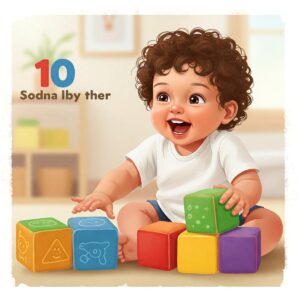 Animated illustration showing a 10-month-old interacting with soft building blocks, ideal learning toys for developing fine motor skills and spatial reasoning.