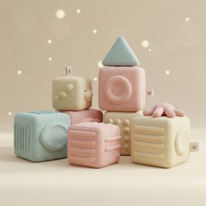 Soft, pastel-colored textured blocks for 6-month-old babies to explore shapes and stimulate sensory and motor development. 