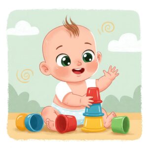 Animated illustration showing a baby playing with stacking cups, one of the best toys for developing motor skills in 6-12 month olds.