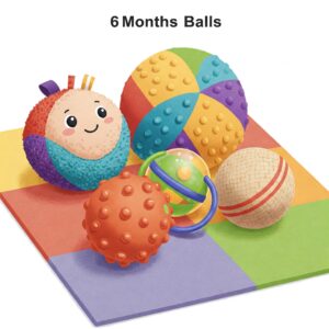 A set of sensory balls with different textures and bright colors for 6-month-old babies to develop tactile and motor skills. 