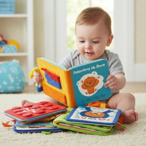  A soft, colorful baby activity block featuring various textures, mirrors, and rings designed for 10-month-old infants.