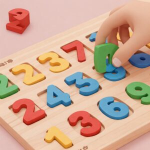 Close-up illustration of a wooden Montessori number puzzle, ideal learning toy for 3-year-olds.