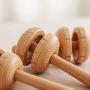 Close-up illustration of smooth wooden rattles, a classic Montessori toy for 6-month-old infants to grasp and shake.