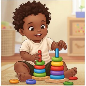 Illustration of wooden stacking rings, a classic Montessori toy ideal for developing fine motor skills in one-year-old children.