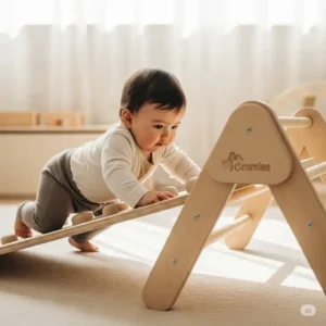 Infant crawling and pulling up on a low-height Montessori climbing toy, ideal for early gross motor development in babies.