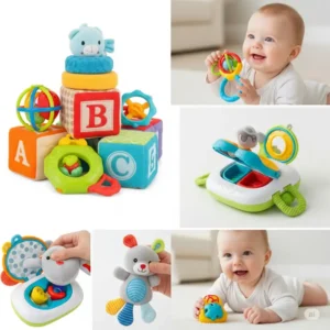 A collage of various object permanence toys being explored by an infant, promoting cognitive development.