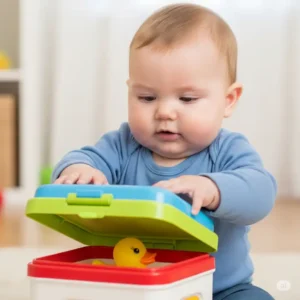 A baby lifting a lid on a toy to reveal a hidden item, reinforcing object permanence skills.