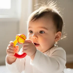A baby grasps a rattle, its eyes wide with discovery as they shake it and hear a pleasant sound, demonstrating early cause and effect.