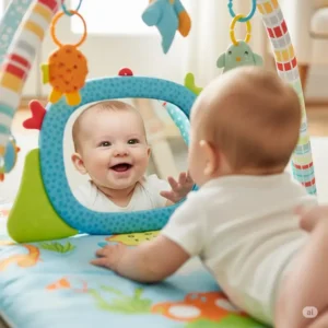 Child-safe mirror reflecting a baby's smiling face, a great toy for self-discovery during tummy time.