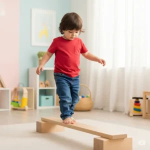 A child carefully walking on a low balance beam, an excellent toy for developing gross motor skills and stability.