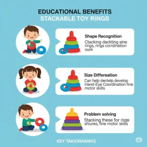 An infographic illustrating the educational benefits of stackable toy rings, including shape recognition, size differentiation, and problem-solving.