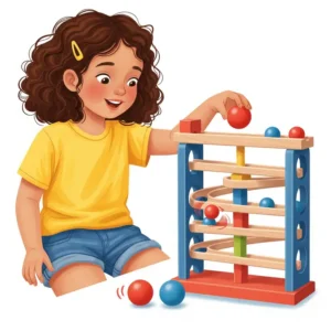 An illustration of a child dropping a red ball into a wooden ball run, observing the fascinating path it takes, an excellent cause and effect toy.