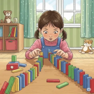 An illustration of a child carefully setting up a long line of dominos, anticipating the chain reaction—a classic example of cause and effect through play.