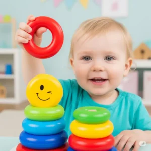 Young child proudly holding a vibrant ring from a stack-a-ring toy, highlighting the toy's appeal for toddlers.