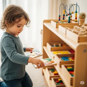 A young child engaged in focused play, selecting a learning activity from a low, accessible Montessori toy shelf designed for self-directed exploration.