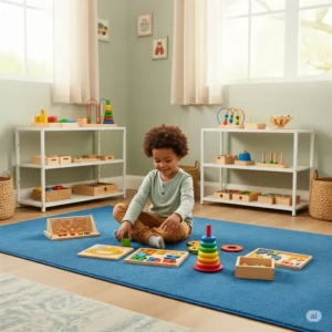 A child happily engaged in independent play with age-appropriate Montessori toys on a rug in their thoughtfully designed little room.