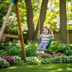 A child smiling on a backyard swing, a classic gross motor skills toy that promotes balance.
