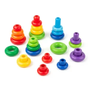 An assortment of vibrantly colored stackable toy rings in different sizes, ready for educational play and sorting activities.