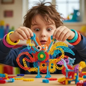 A child imaginatively playing with an engineering kit, transforming pieces into a fantastical creature, highlighting creativity and open-ended play.