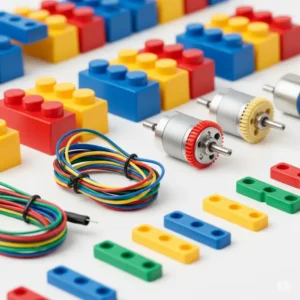 Close-up of various components from a children's engineering kit, including colorful building blocks, wires, and small motors, laid out neatly.