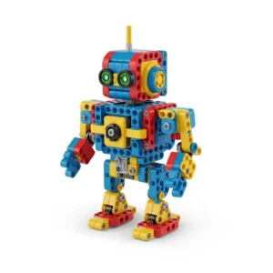 A completed miniature robot, brightly colored and well-constructed, representing a potential project from a children's engineering kit.