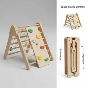 Space-saving design of a foldable Montessori climbing toy, showing how it can be easily stored away when not in use.