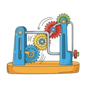 Close-up illustration of colorful interlocking gears turning on a mechanical toy, demonstrating how one action leads to another in cause and effect play.