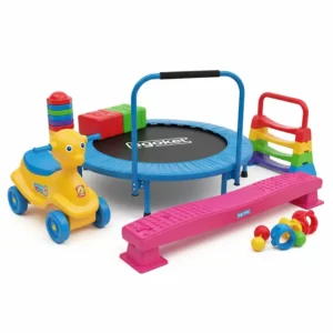 A vibrant collection of gross motor skills toys including a mini trampoline, balance beam, and riding toy, perfect for active play.