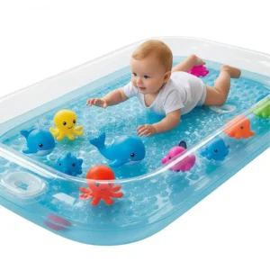 Inflatable water mat for tummy time featuring floating marine animals, providing engaging sensory play.
