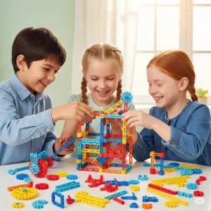 Three children laughing and working together on a complex structure with a children's engineering kit, promoting teamwork and shared learning.